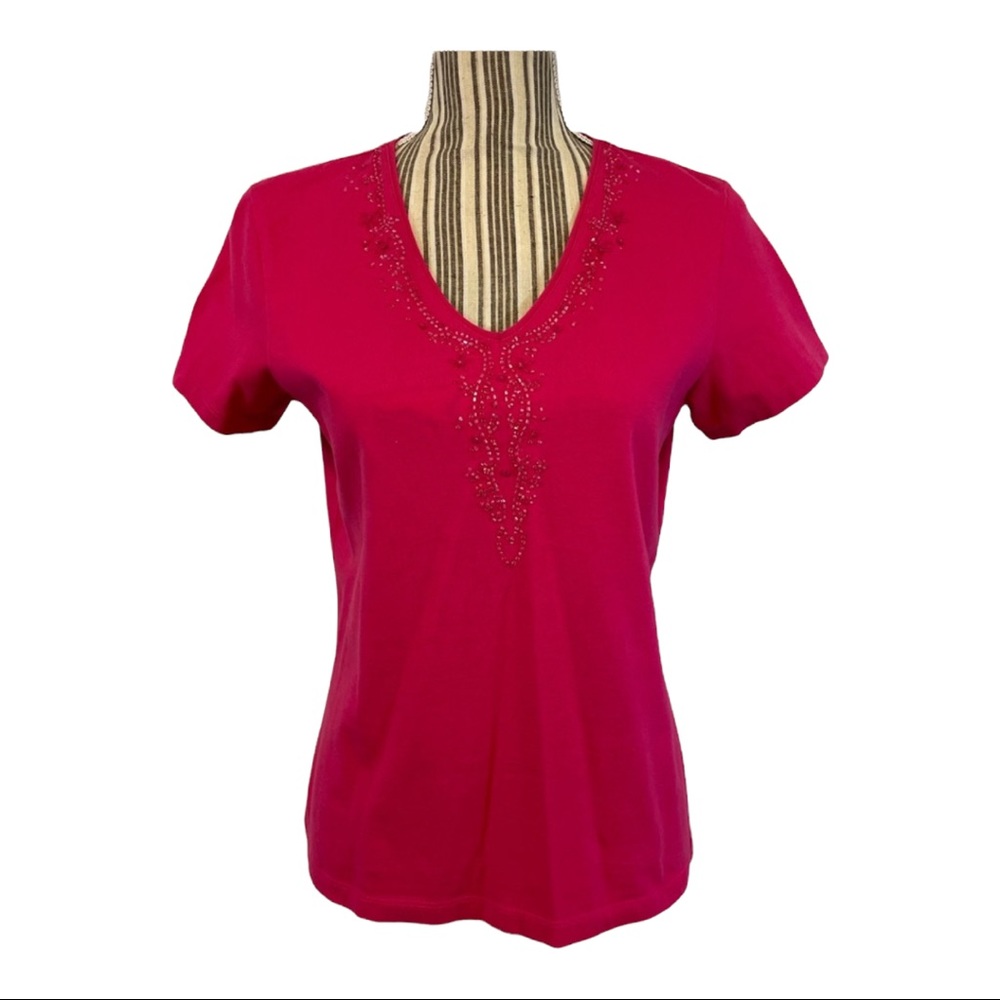 Short sleeve embroidered blouse petite small vneck